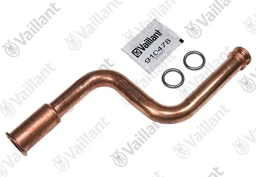 Kupferrohr mit gebogenem Ende, versehen mit zwei O-Ringen und einer Verpackung, die die Marke Vaillant zeigt.